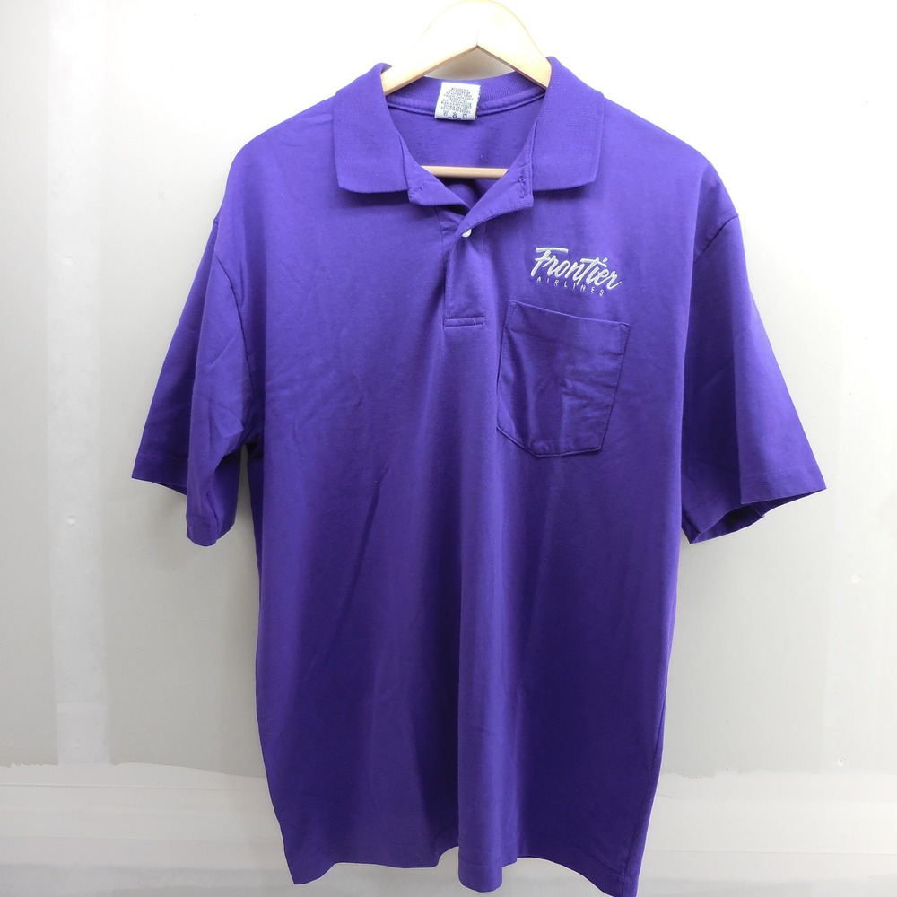 Vintage Frontier Airlines Polo Shirt Mens Large Purple Print-Ons Pocket USA Made